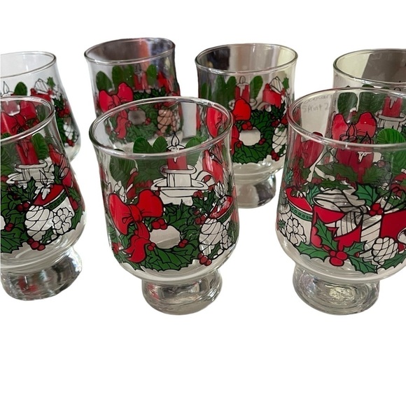 Christmas Low Ball Thick footed Glasses Holly Red ribbon Wreath candles green - Picture 2 of 6